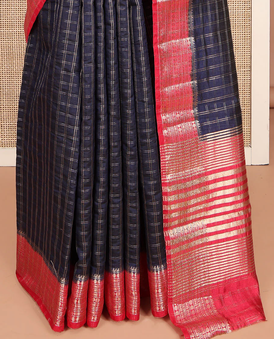 Blue Dupion Silk Saree, Beautified with Zari Micro-Checks, Complemented by a Contrast Traditional Zari Design Border, Zari Striped Pallu, and a Contrast Blouse - Image 4