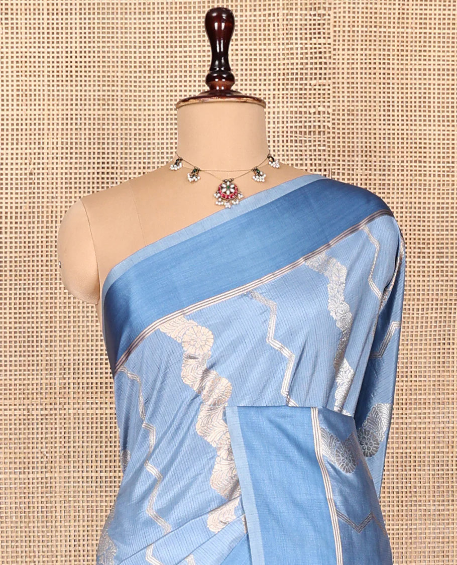 Blue Dupion Silk Saree, Richly Detailed with Floral Creeper and Chevron Stripes, Complemented by Contrast Border, Pallu of Jaal Design, and a Contrast Blouse - Image 2