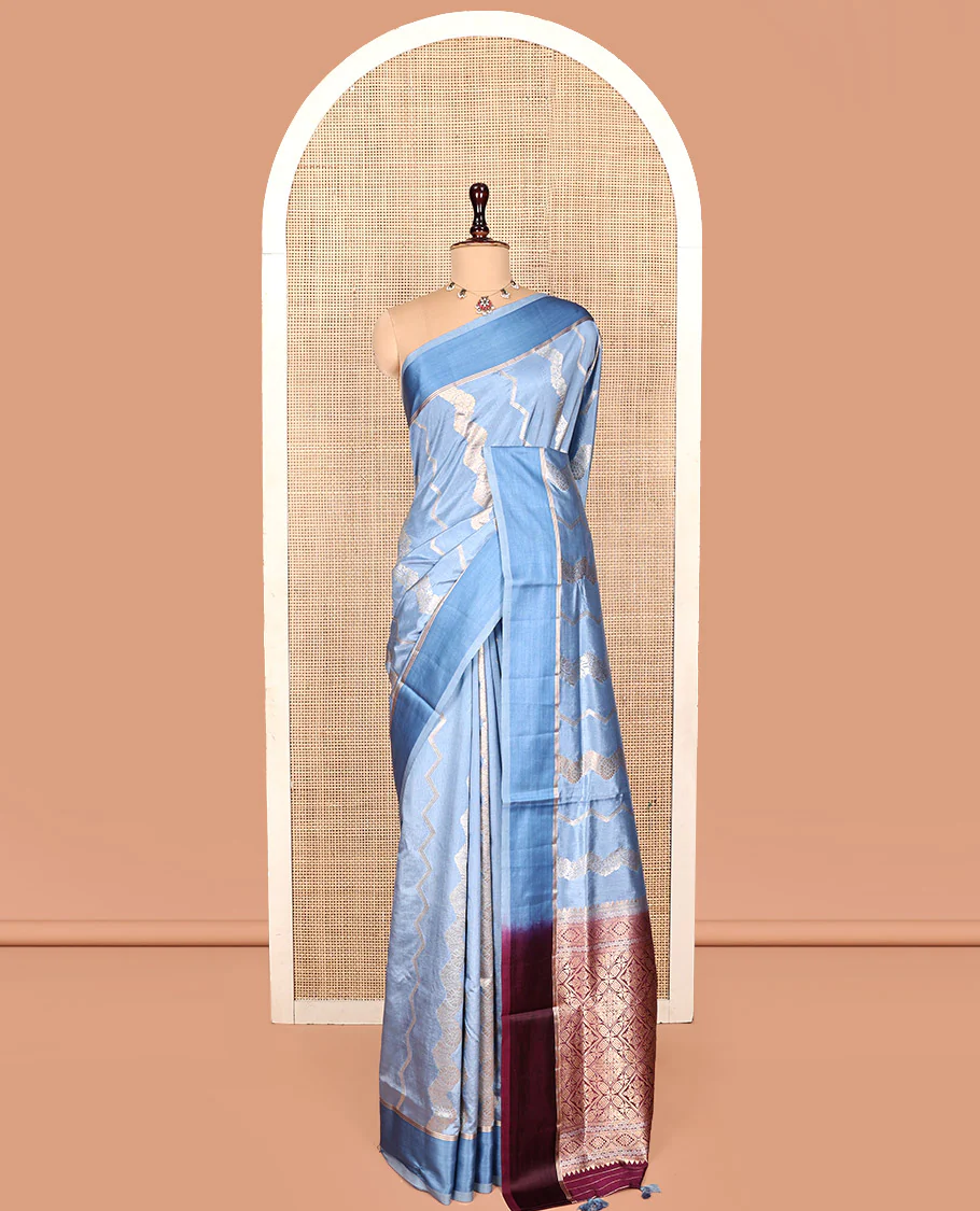 Blue Dupion Silk Saree, Richly Detailed with Floral Creeper and Chevron Stripes, Complemented by Contrast Border, Pallu of Jaal Design, and a Contrast Blouse - Image 3