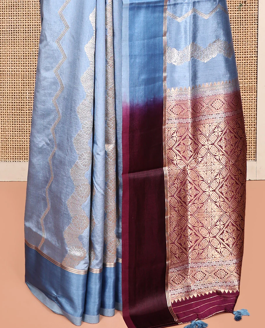 Blue Dupion Silk Saree, Richly Detailed with Floral Creeper and Chevron Stripes, Complemented by Contrast Border, Pallu of Jaal Design, and a Contrast Blouse - Image 4