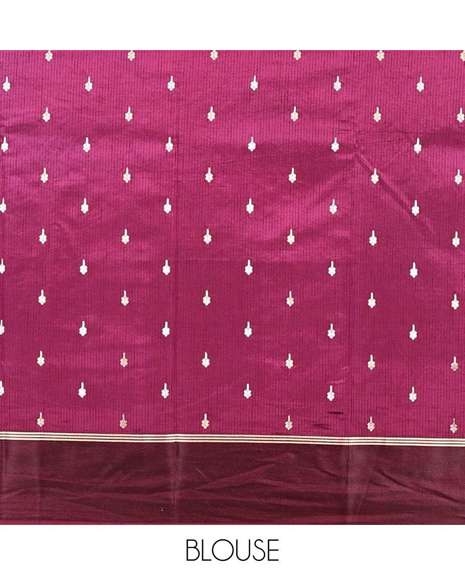 Blue Dupion Silk Saree, Richly Detailed with Floral Creeper and Chevron Stripes, Complemented by Contrast Border, Pallu of Jaal Design, and a Contrast Blouse - Image 5