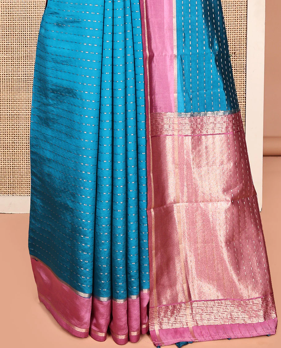 Blue Dupion Silk Saree, Woven with Dotted Stripes, Complemented by a Contrast Border, Pallu of Dotted Stripes, and a Contrast Blouse - Image 4
