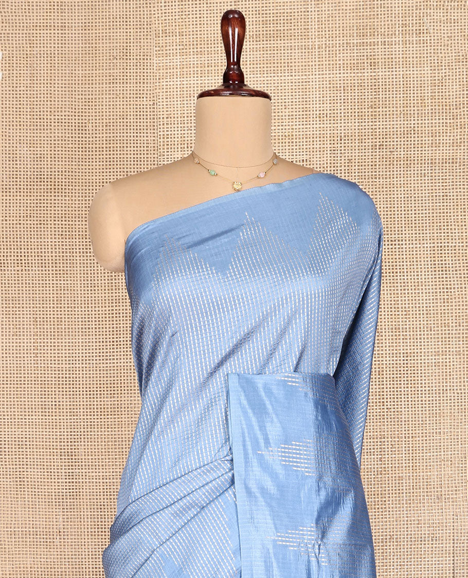 Blue Dupion Silk Saree, Woven with Micro-Checks, Highlighted by Temple Border, Complemented by a Contrast Geometric-Patterned Pallu, and a Contrast Blouse - Image 2