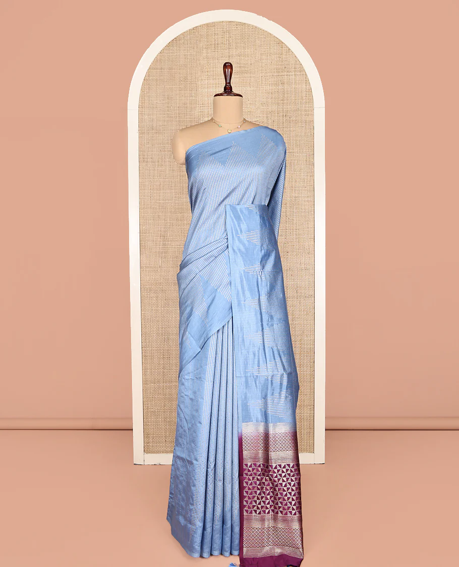 Blue Dupion Silk Saree, Woven with Micro-Checks, Highlighted by Temple Border, Complemented by a Contrast Geometric-Patterned Pallu, and a Contrast Blouse - Image 3