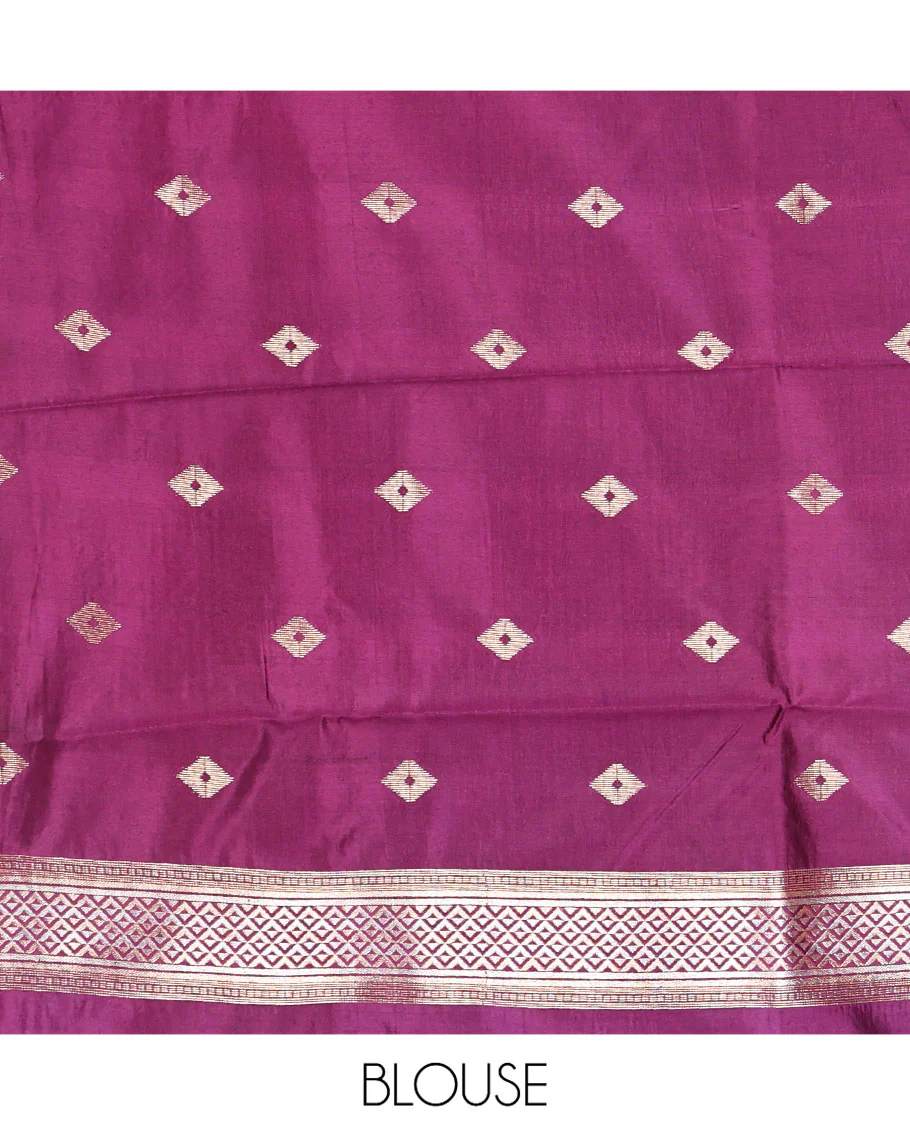 Blue Dupion Silk Saree, Woven with Micro-Checks, Highlighted by Temple Border, Complemented by a Contrast Geometric-Patterned Pallu, and a Contrast Blouse - Image 5