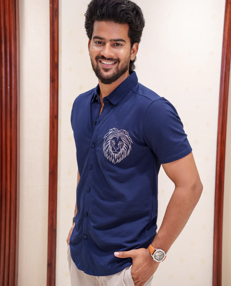Blue Fancy Knitted Casual Shirt, Comes with Lion Motifs Embroidery, a Spread Collar, Half Sleeves, Regular Fit, and Regular Length - Image 3
