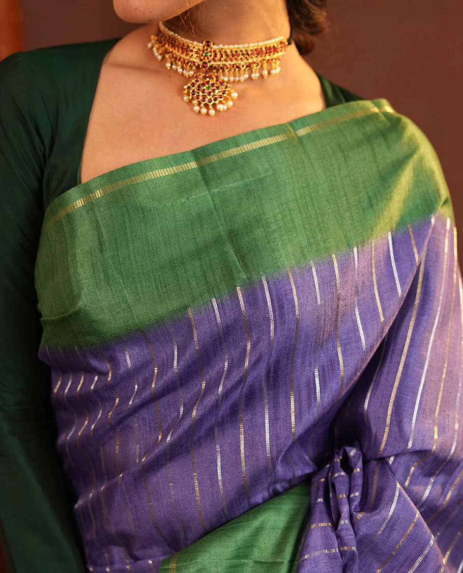 Blue Fancy Tussar Saree, Highlighted by Vertical Zari Stripes Across Its Body, Complemented by Captivating Contrast Geometric Patterned Border, Subtle Pallu and Paired with a Contrast Blouse - Image 2