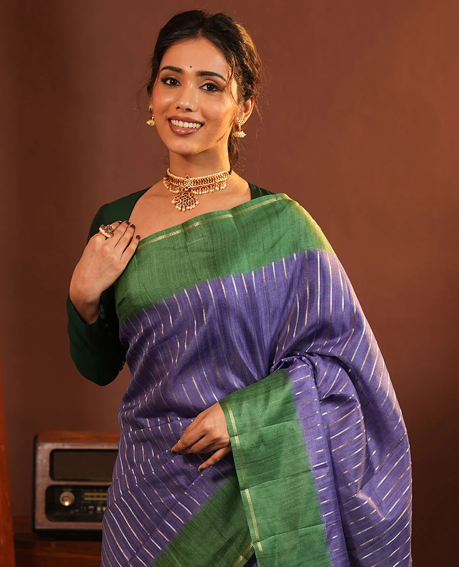 Blue Fancy Tussar Saree, Highlighted by Vertical Zari Stripes Across Its Body, Complemented by Captivating Contrast Geometric Patterned Border, Subtle Pallu and Paired with a Contrast Blouse - Image 3