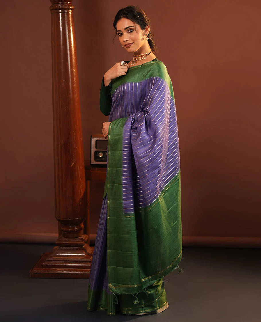 Blue Fancy Tussar Saree, Highlighted by Vertical Zari Stripes Across Its Body, Complemented by Captivating Contrast Geometric Patterned Border, Subtle Pallu and Paired with a Contrast Blouse - Image 4