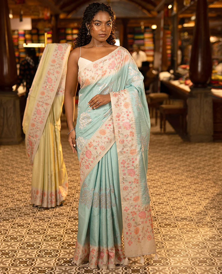 Sky Blue Fancy Tussar Silk Saree, Gleamed Up with Small Gold Buttas, and Applique Embroidery on Its Body, Complemented by a Contrast Temple Floral Creeper Printed Border, Pallu of Floral Creeper Print, and Paired with a Contrast Blouse - Image 4