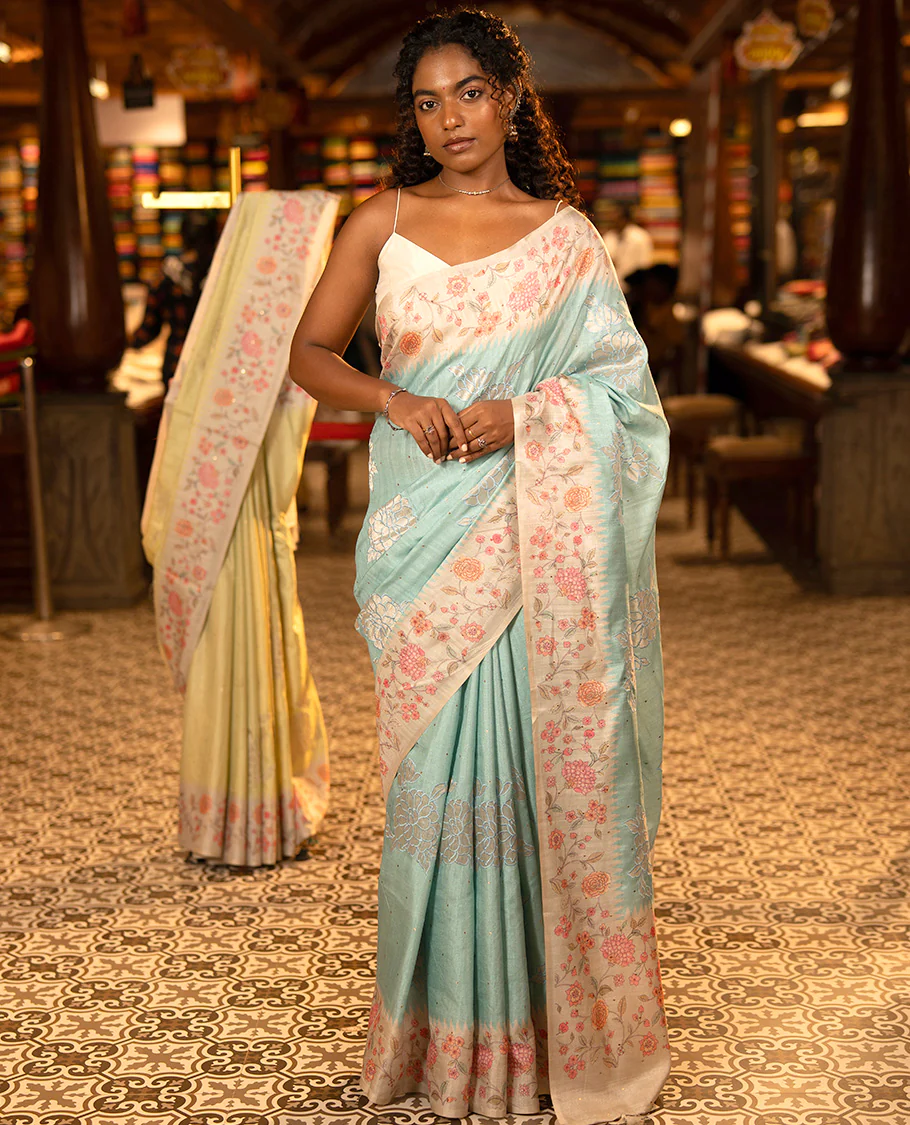 Sky Blue Fancy Tussar Silk Saree, Gleamed Up with Small Gold Buttas, and Applique Embroidery on Its Body, Complemented by a Contrast Temple Floral Creeper Printed Border, Pallu of Floral Creeper Print, and Paired with a Contrast Blouse - Image 5