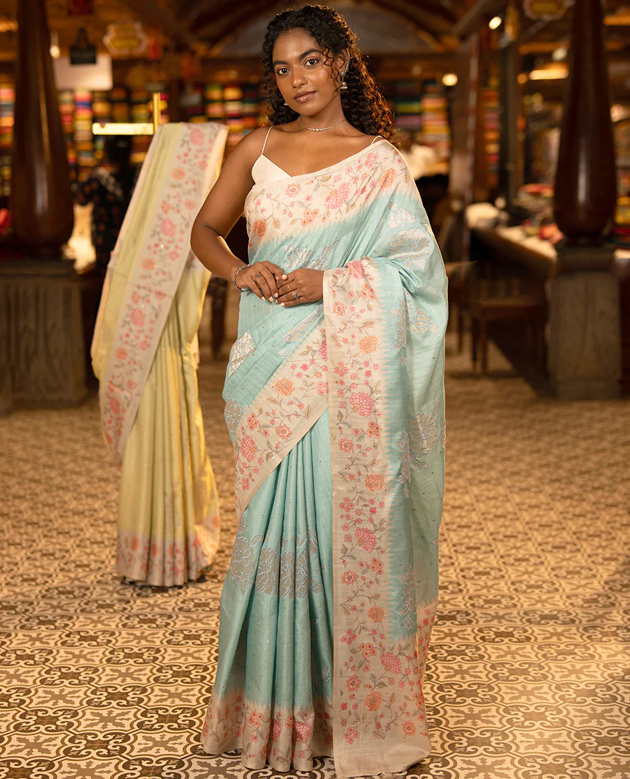 Sky Blue Fancy Tussar Silk Saree, Gleamed Up with Small Gold Buttas, and Applique Embroidery on Its Body, Complemented by a Contrast Temple Floral Creeper Printed Border, Pallu of Floral Creeper Print, and Paired with a Contrast Blouse - Image 6
