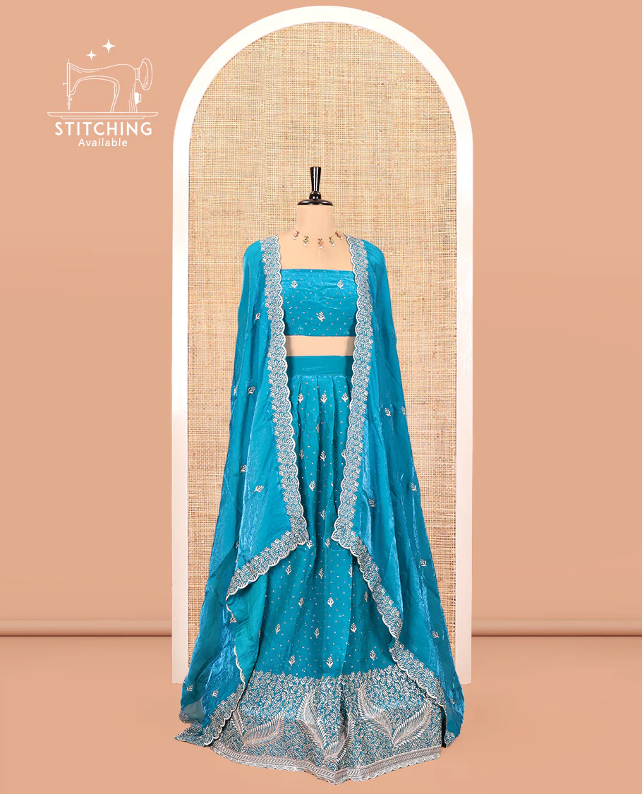 Blue Fendi Organza Half-Saree, with Embroidered Buttas on Its Skirt, Embroidered Border with a Matching Blouse, and an Embroidered Organza Scallop Dhavani - Image 2