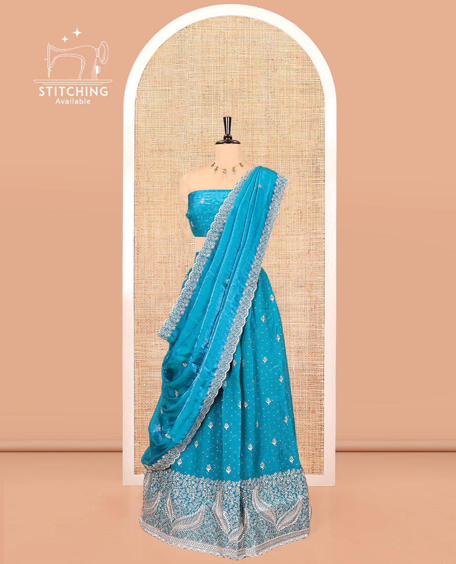 Blue Fendi Organza Half-Saree, with Embroidered Buttas on Its Skirt, Embroidered Border with a Matching Blouse, and an Embroidered Organza Scallop Dhavani - Image 3