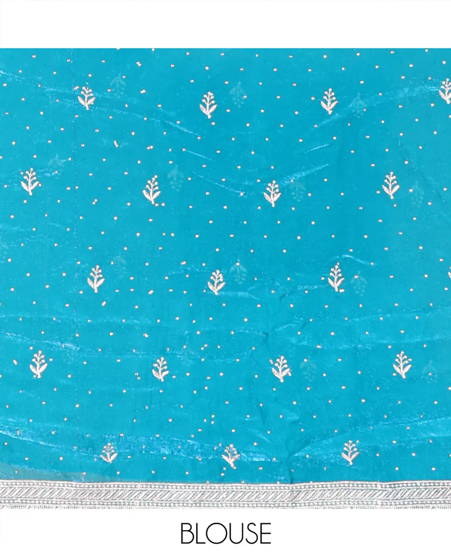 Blue Fendi Organza Half-Saree, with Embroidered Buttas on Its Skirt, Embroidered Border with a Matching Blouse, and an Embroidered Organza Scallop Dhavani - Image 4