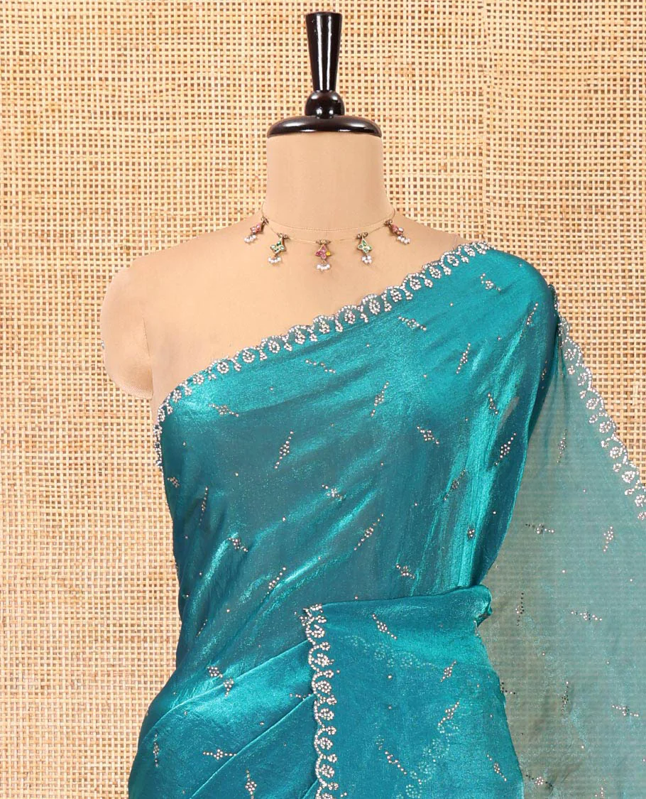 Blue Fendy Chiffon Saree, Highlighted by Swarovski Stone Work All Over the Body, Gleaming Swarovski Stone Work Border, a Self-Pallu, and Paired with a Fancy Designer Blouse - Image 2