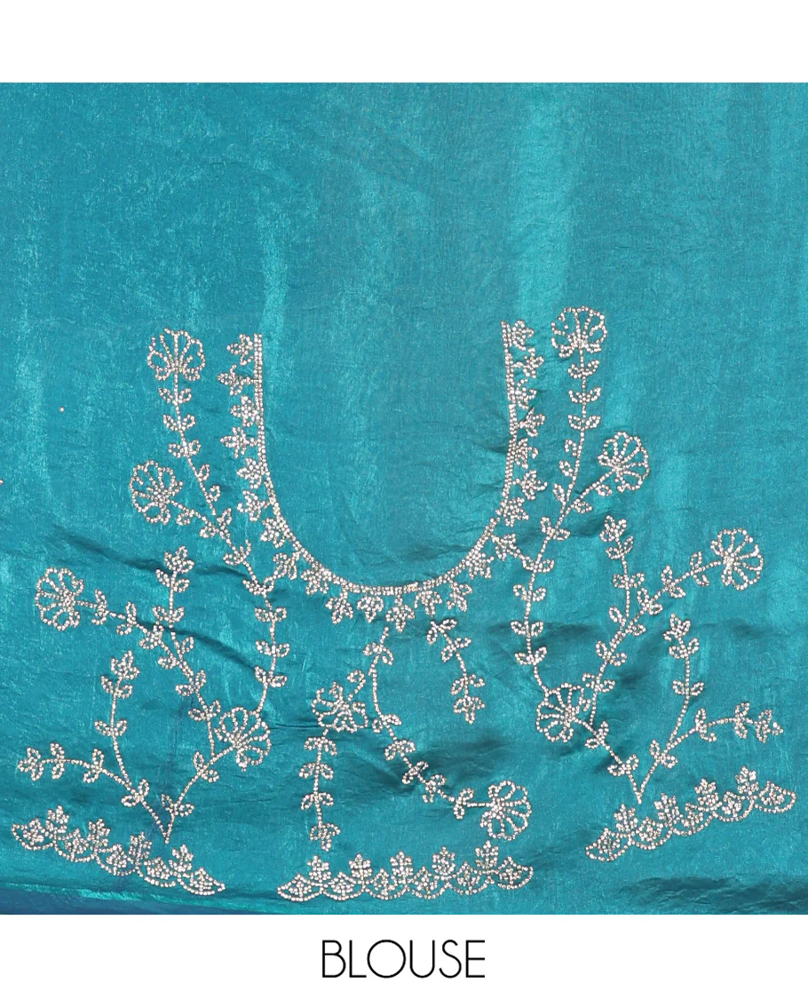 Blue Fendy Chiffon Saree, Highlighted by Swarovski Stone Work All Over the Body, Gleaming Swarovski Stone Work Border, a Self-Pallu, and Paired with a Fancy Designer Blouse - Image 4