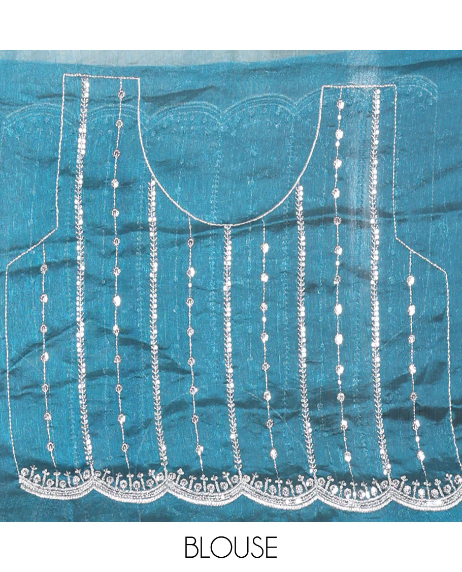 Blue Fendy Chiffon Saree Highlighted with Sequins and Thread Stripes Embroidery, Scallop Embroidered Border, Elegantly Embroidered Pallu, and Paired with a Matching Blouse - Image 5