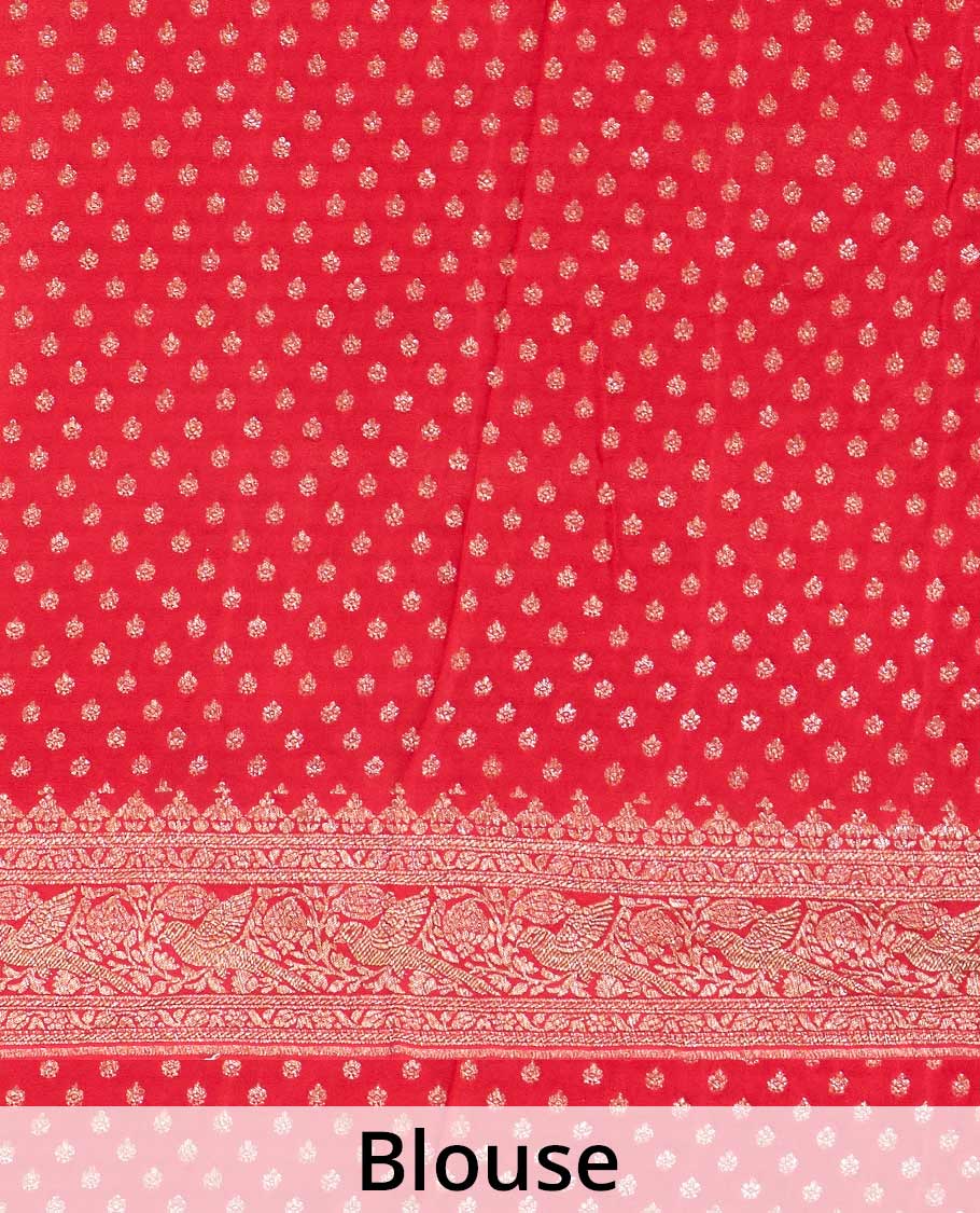 Blue floral and bird jaal jacquard banaras crepe saree, contrast floral and bird jaal zari border, and pallu of Mughal style motifs - Image 5