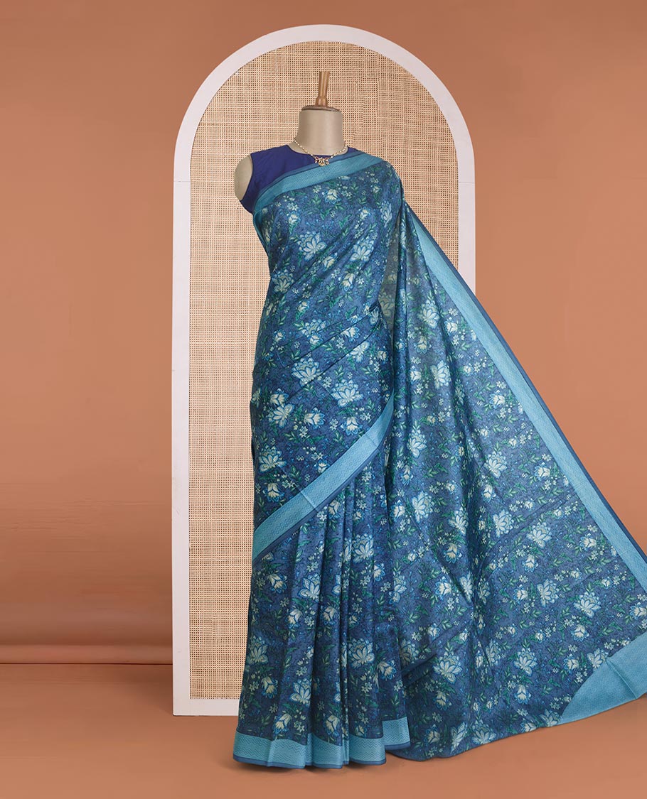 Blue floral vine printed silk saree, contrast border, and pallu of chevron stripes print - Image 2