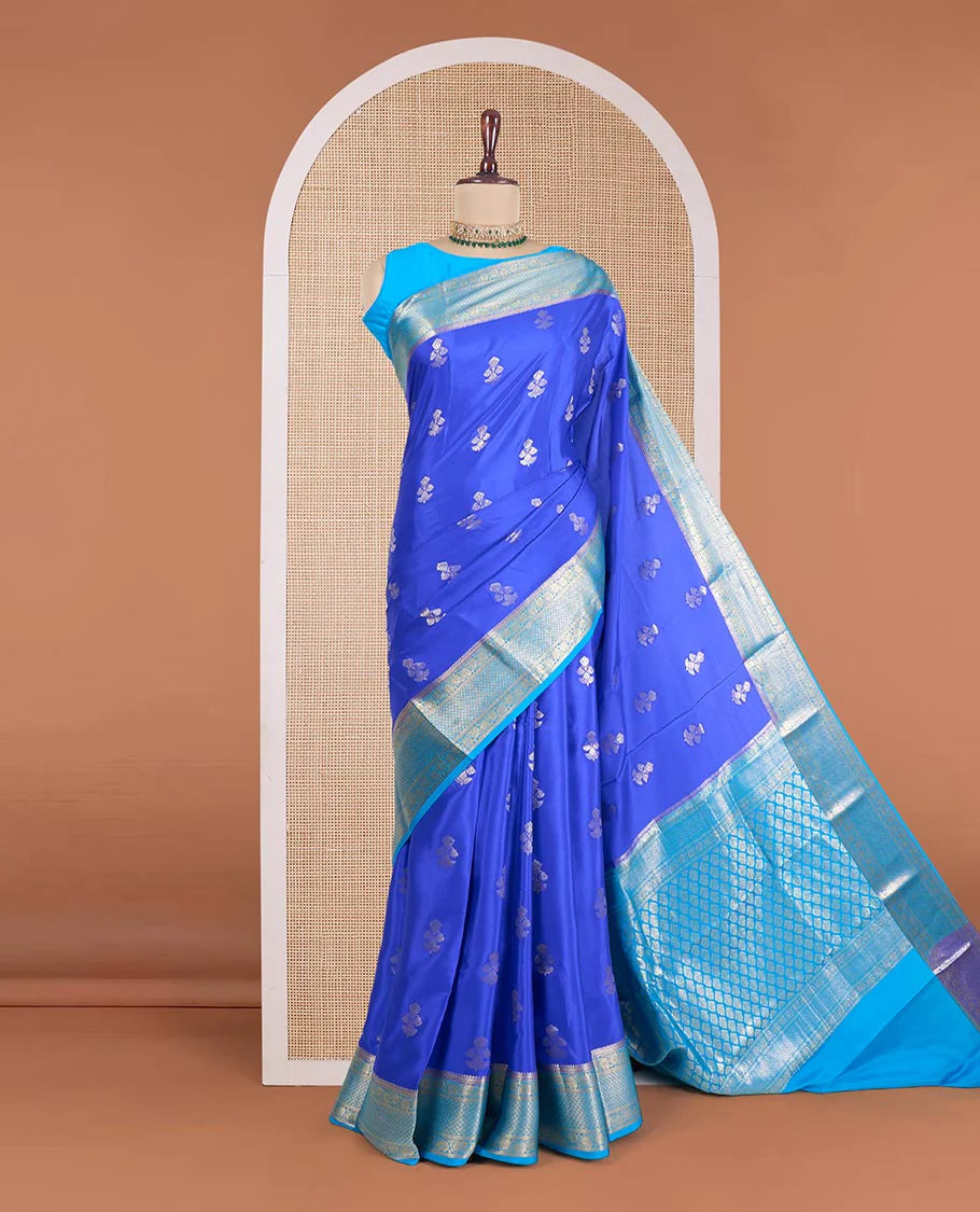 Blue floral zari buttas Mysore silk saree, contrast traditional zari design border, and jaal pallu - Image 2