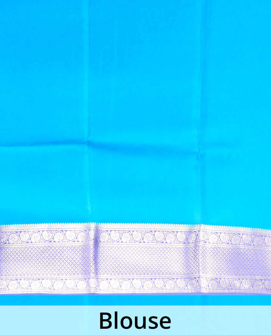 Blue floral zari buttas Mysore silk saree, contrast traditional zari design border, and jaal pallu - Image 5