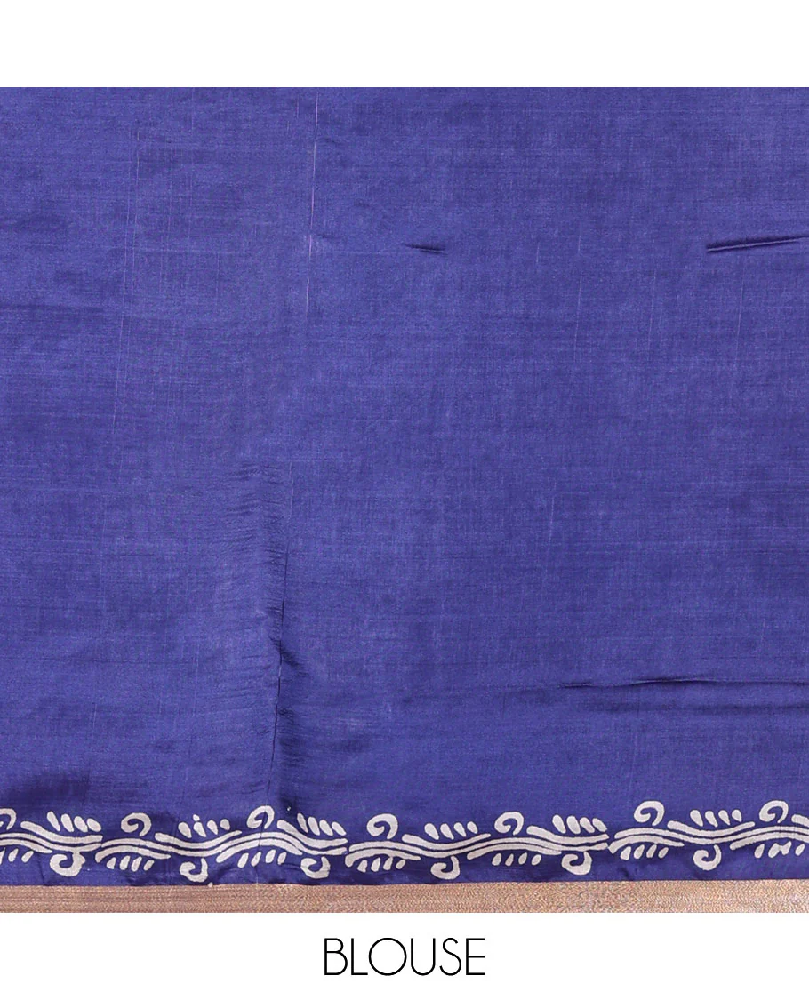 Blue geometric batik printed banana pith saree, printed piping border, paisley motifs steeped pallu, and a matching blouse - Image 4