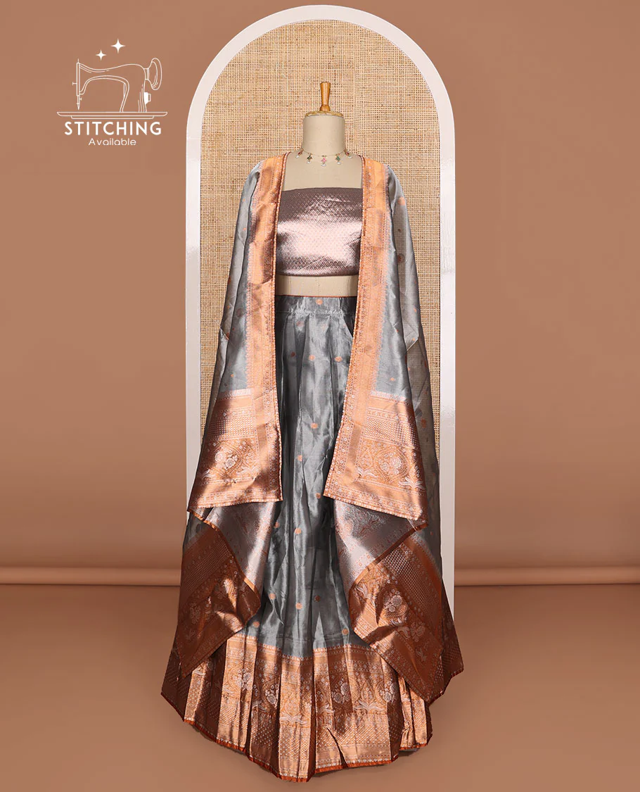 Blue grey buttas tissue half saree with contrast zari design border, floral design blouse & floral design dhavani - Image 2