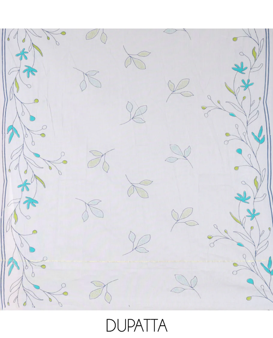 Blue Handloom Cotton Material Chudidar Set, Adorned with Floral Design Print On Its Top, Complemented by Contrast Bottom, and Paired with a Contrast Floral Printed Dupatta - Image 2