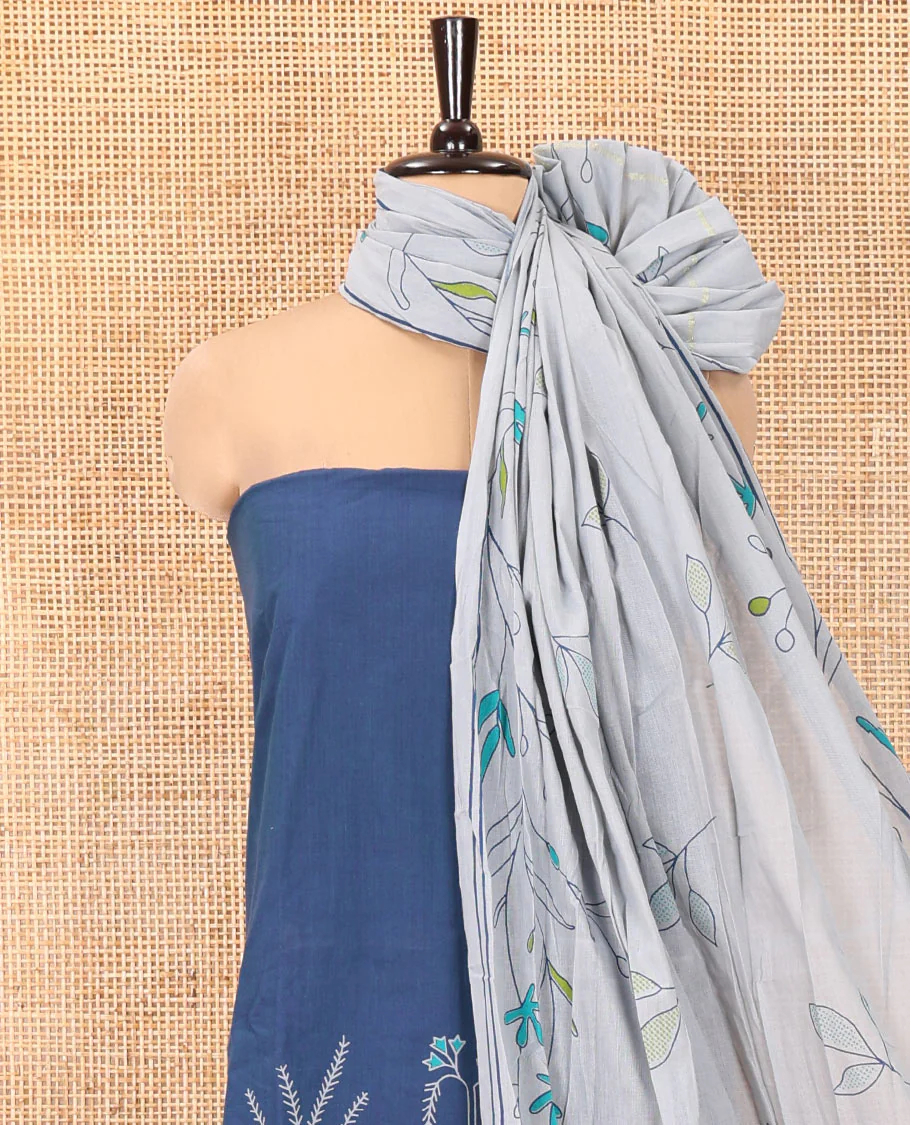 Blue Handloom Cotton Material Chudidar Set, Adorned with Floral Design Print On Its Top, Complemented by Contrast Bottom, and Paired with a Contrast Floral Printed Dupatta - Image 3