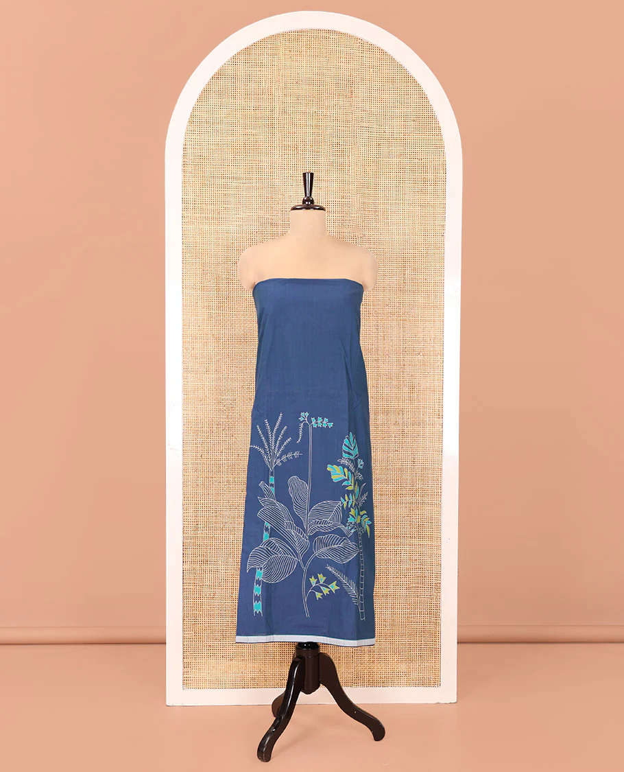 Blue Handloom Cotton Material Chudidar Set, Adorned with Floral Design Print On Its Top, Complemented by Contrast Bottom, and Paired with a Contrast Floral Printed Dupatta - Image 4