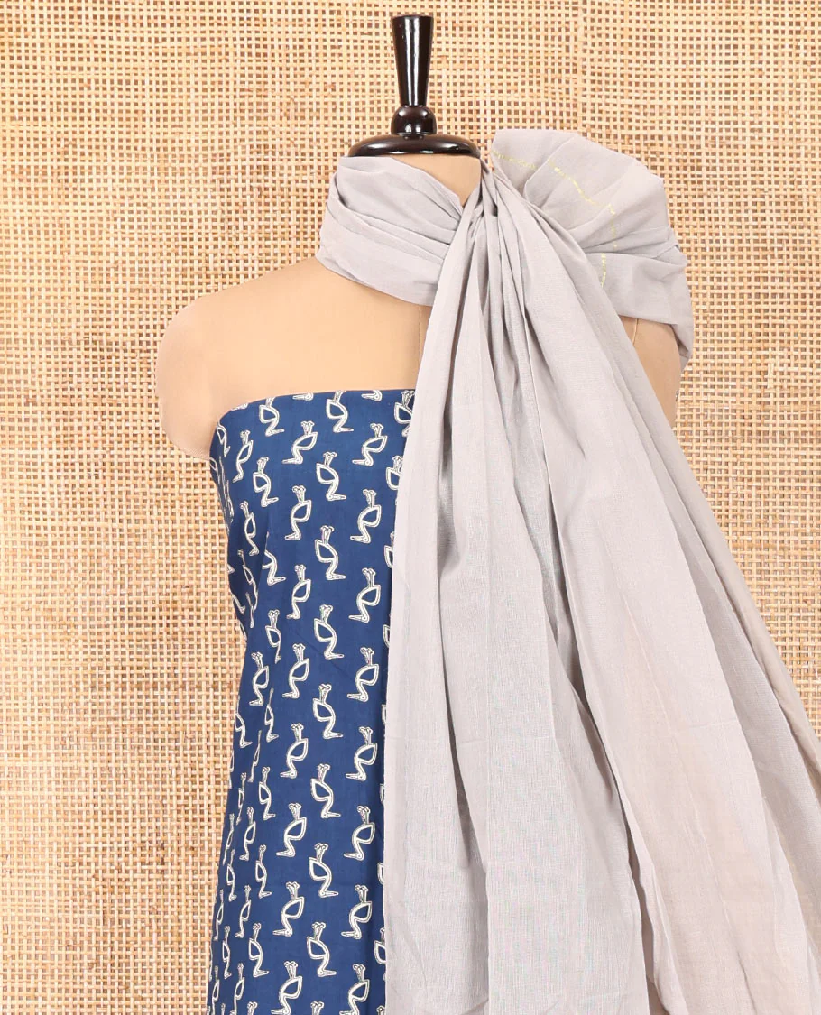 Blue Handloom Cotton Material Chudidar Set, Subtly Adorned with Bird Motifs All Over Its Body, Complemented by Contrast Plain Bottom, and Paired with a Contrast Dupatta - Image 3