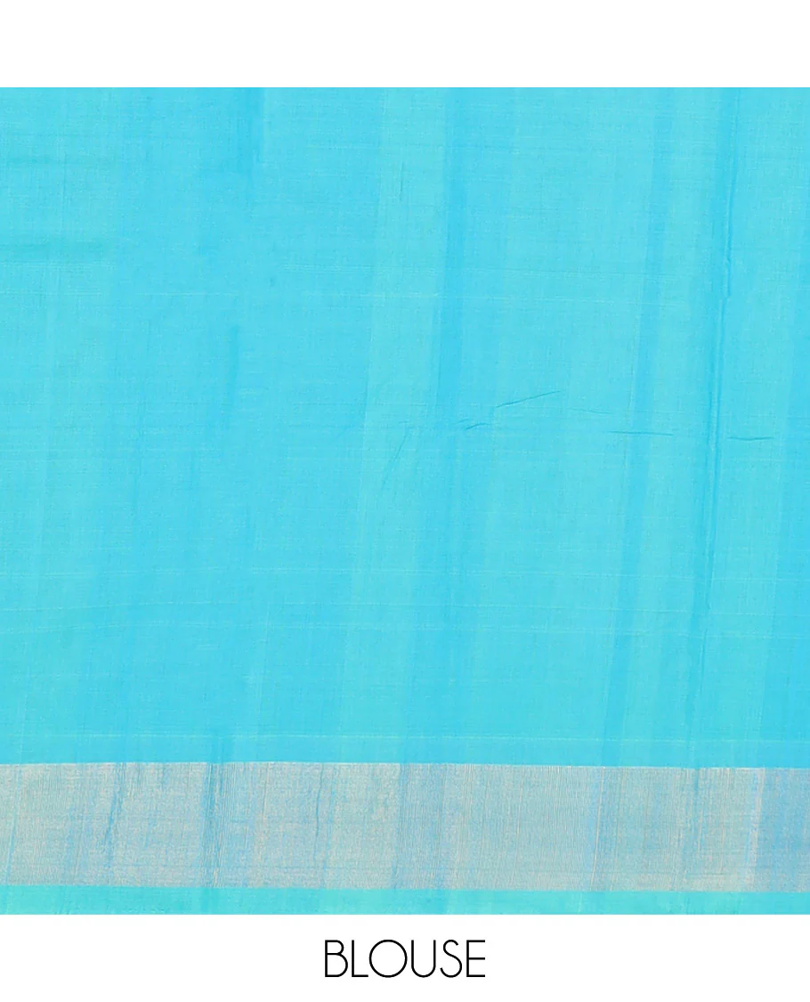 Blue Ikkat Cotton Saree, Accentuated with Ikkat-Style Geometric Patterns All Over Its Body, Complemented by a Contrast Zari Border, Pallu of Geometric Designs in Ikkat Weave, and Paired with a Contrast Blouse - Image 3