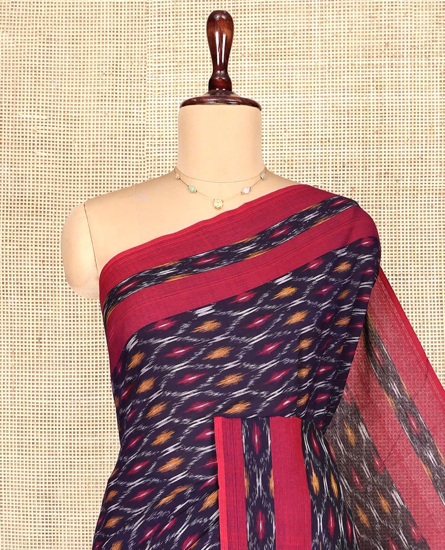 Blue Ikkat Cotton Saree, Adorned with Ikkat-Style Ogee Patterns on Its Body, Complemented by Contrast Ikkat-Style Border, Pallu Steeped with Ikkat Buttas, and Has No Blouse - Image 2