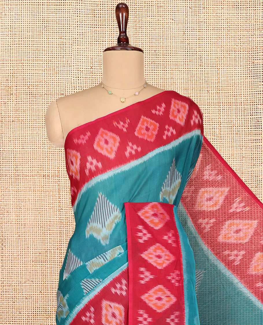 Blue Ikkat Cotton Saree, Decorated with Ikkat-style Buttas All Over Its Body, Complemented by a Contrast Ikkat-Textured Border, Pallu of Butta Enclosed Checks, and Paired with a Contrast Blouse - Image 2