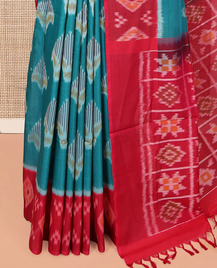 Blue Ikkat Cotton Saree, Decorated with Ikkat-style Buttas All Over Its Body, Complemented by a Contrast Ikkat-Textured Border, Pallu of Butta Enclosed Checks, and Paired with a Contrast Blouse - Image 3