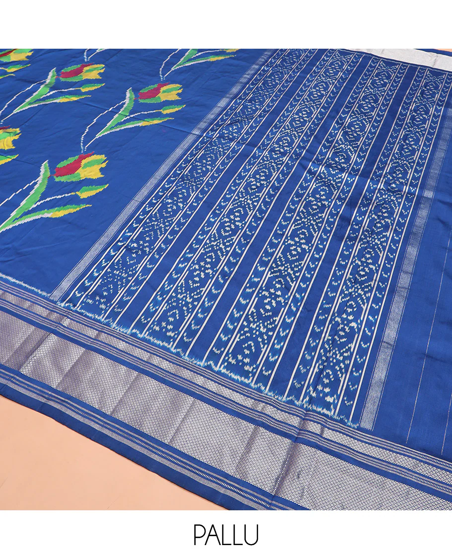 Blue Ikkat Silk Saree Colourfully Woven in Floral Buttas Across the Body, Featuring a Zari Border, a Pallu Adorned with Ikkat Weave, and Paired with a Matching Blouse - Image 5