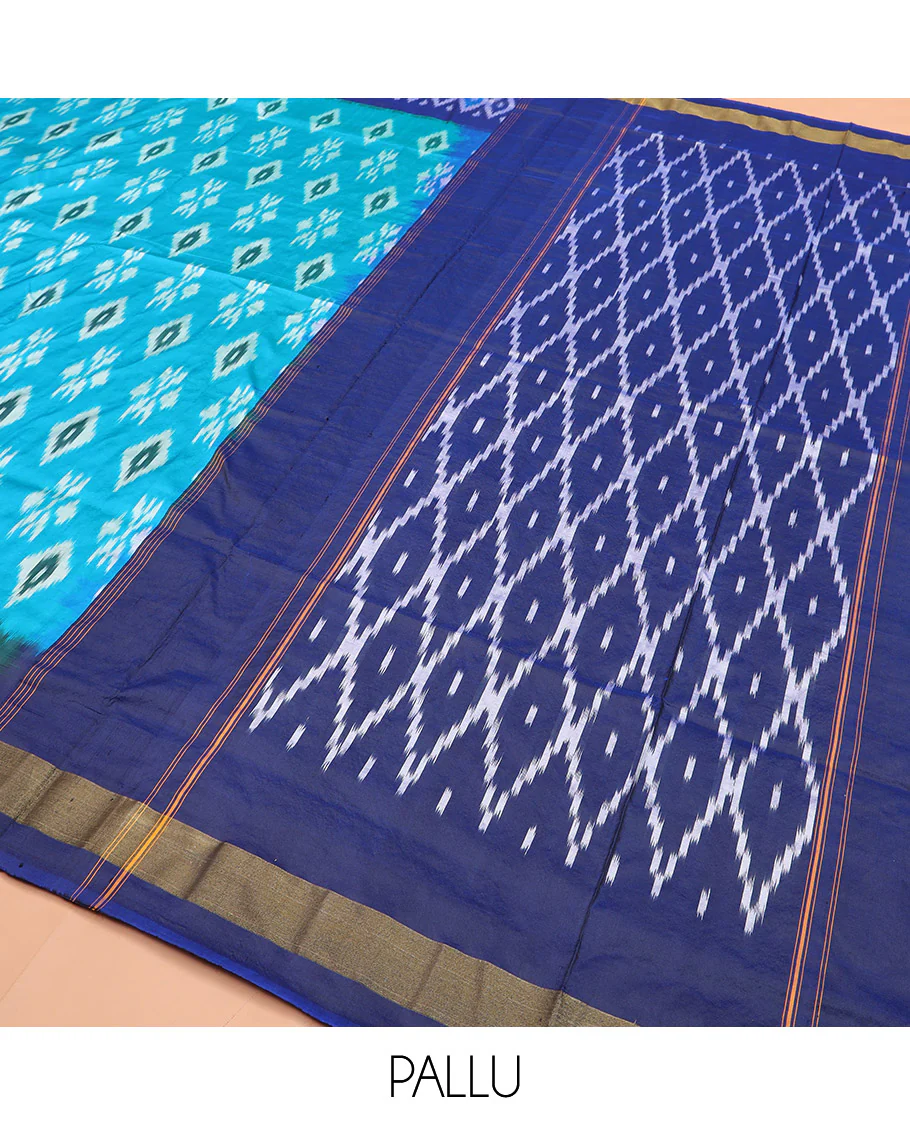 Blue Ikkat Silk Saree Decorated with Ikkat Buttas, Complemented by a Contrast Border, a Subtly Woven Pallu of Jaal Design, and a Contrast Plain Blouse - Image 5