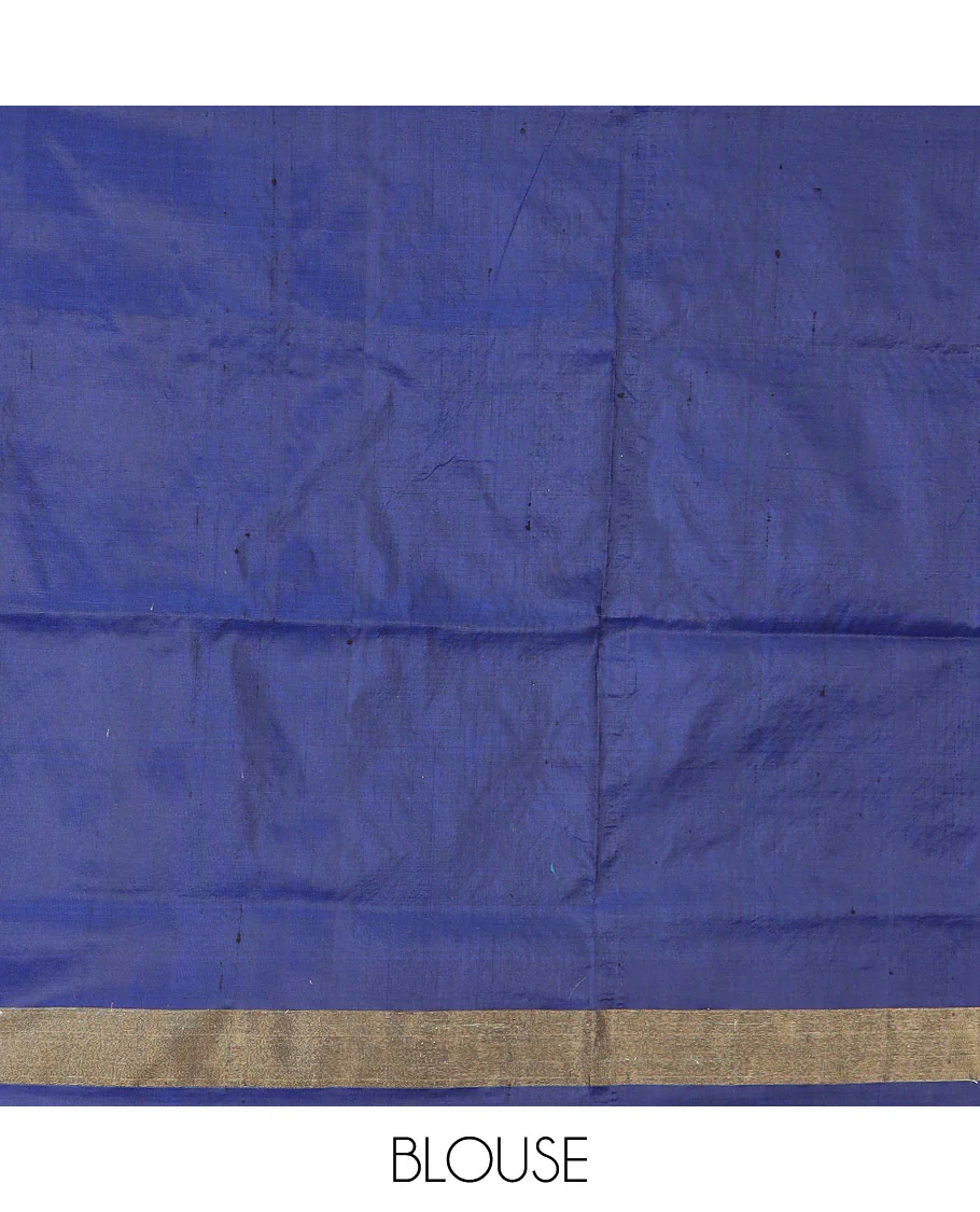 Blue Ikkat Silk Saree Decorated with Ikkat Buttas, Complemented by a Contrast Border, a Subtly Woven Pallu of Jaal Design, and a Contrast Plain Blouse - Image 6