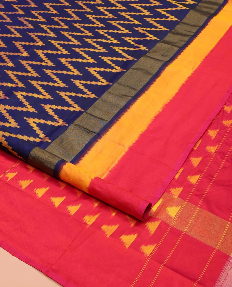 Blue Ikkat Silk Saree, Delicately Woven with Chevron Designs All Over Its Body, Complemented by a Contrast Border, Pallu Steeped with Temple Designs, and Paired with a Contrast Blouse - Image 2