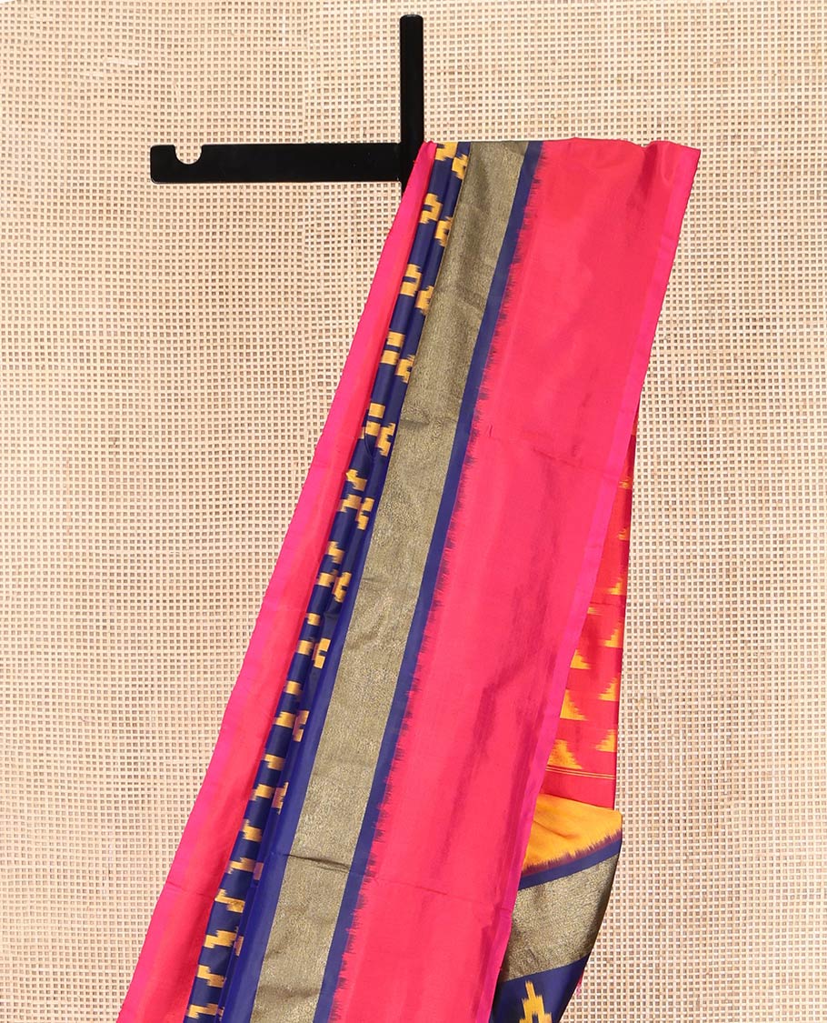 Blue Ikkat Silk Saree, Delicately Woven with Chevron Designs All Over Its Body, Complemented by a Contrast Border, Pallu Steeped with Temple Designs, and Paired with a Contrast Blouse - Image 3