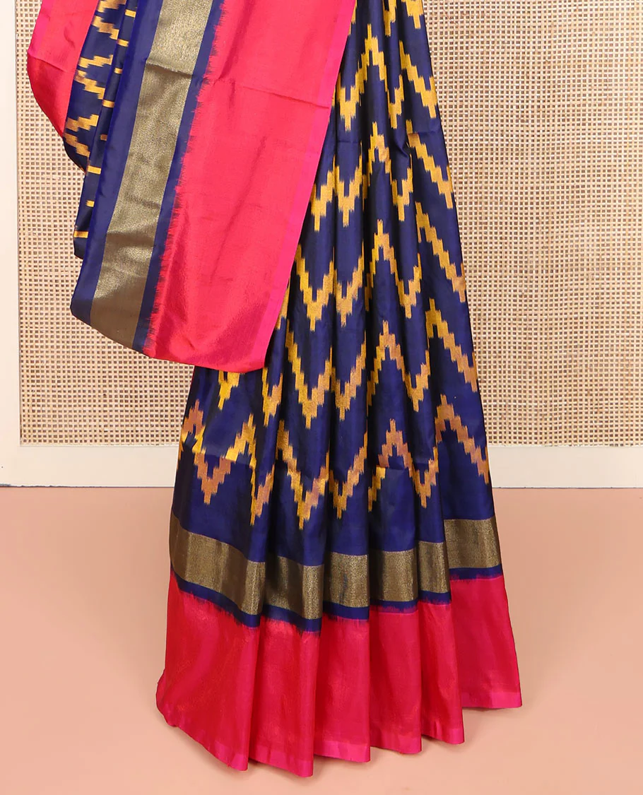 Blue Ikkat Silk Saree, Delicately Woven with Chevron Designs All Over Its Body, Complemented by a Contrast Border, Pallu Steeped with Temple Designs, and Paired with a Contrast Blouse - Image 4