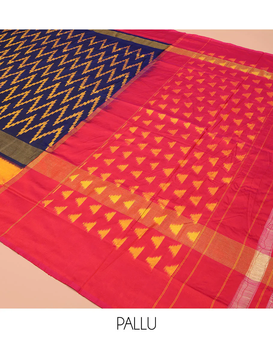 Blue Ikkat Silk Saree, Delicately Woven with Chevron Designs All Over Its Body, Complemented by a Contrast Border, Pallu Steeped with Temple Designs, and Paired with a Contrast Blouse - Image 5
