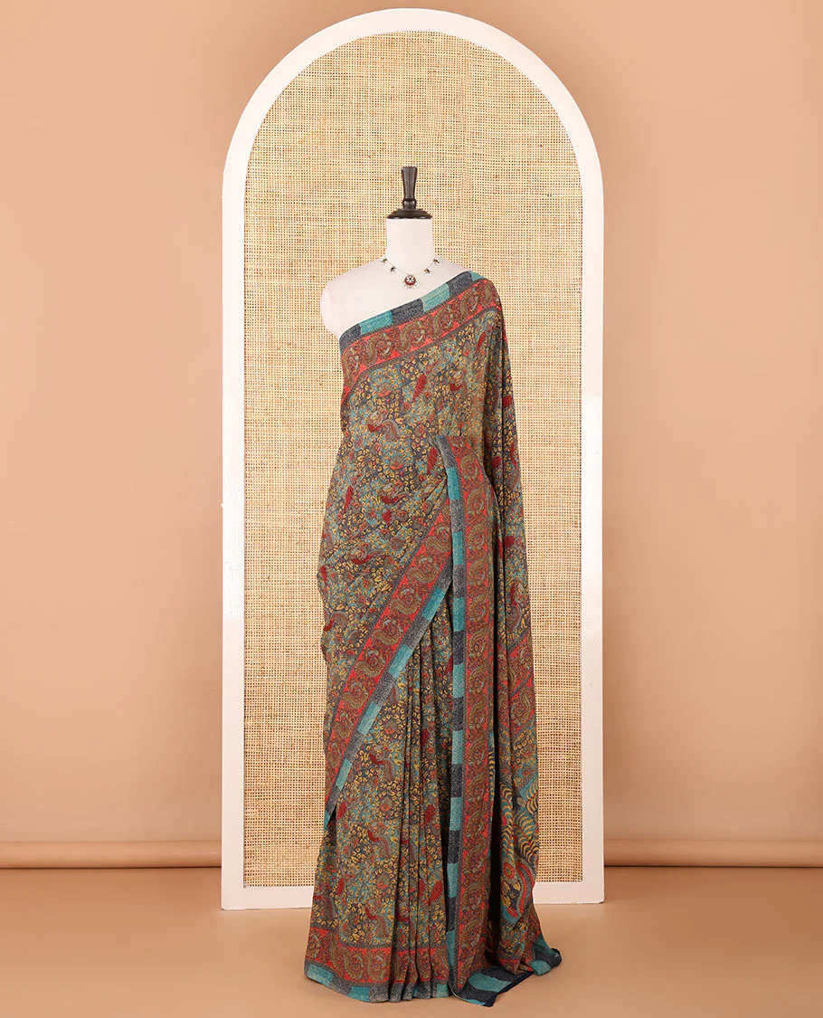 Blue intricate floral & bird printed kimaya saree, peacock printed border, printed pallu & contrast printed blouse