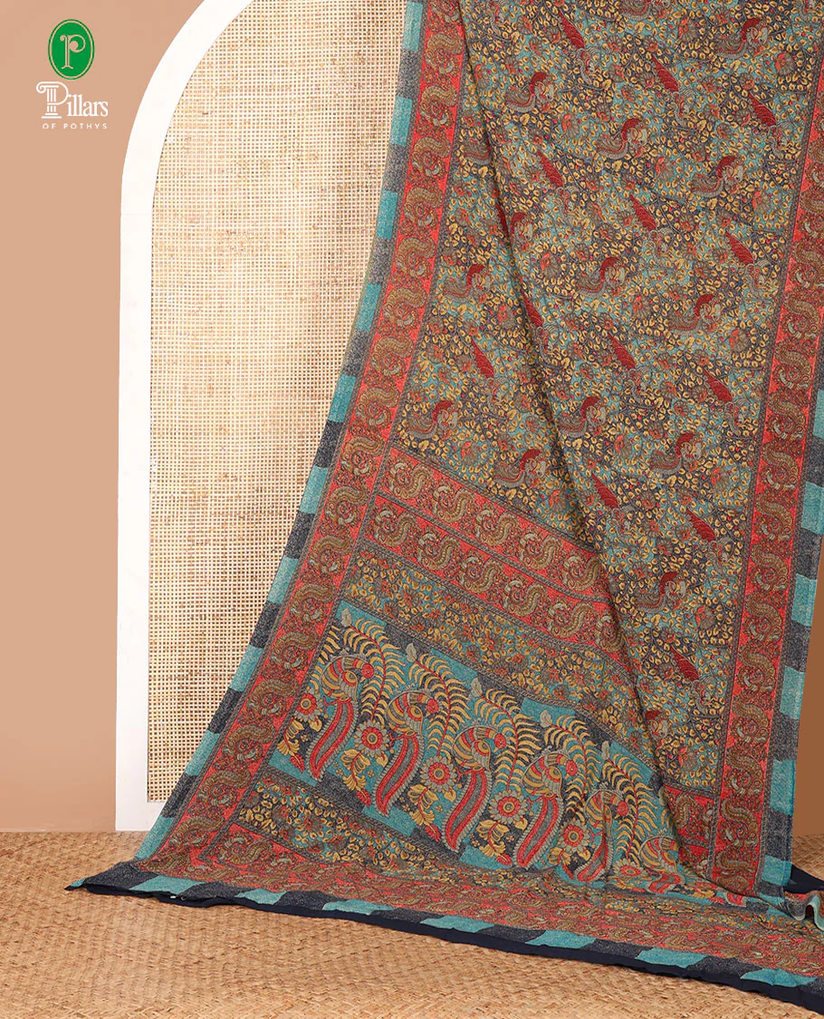 Blue intricate floral & bird printed kimaya saree, peacock printed border, printed pallu & contrast printed blouse - Image 2