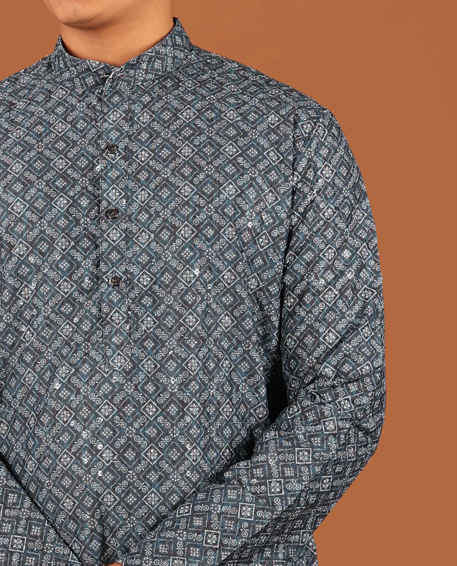 Blue Intricately Printed and Sequins Work Full-Sleeved Men's Kurta - Image 2