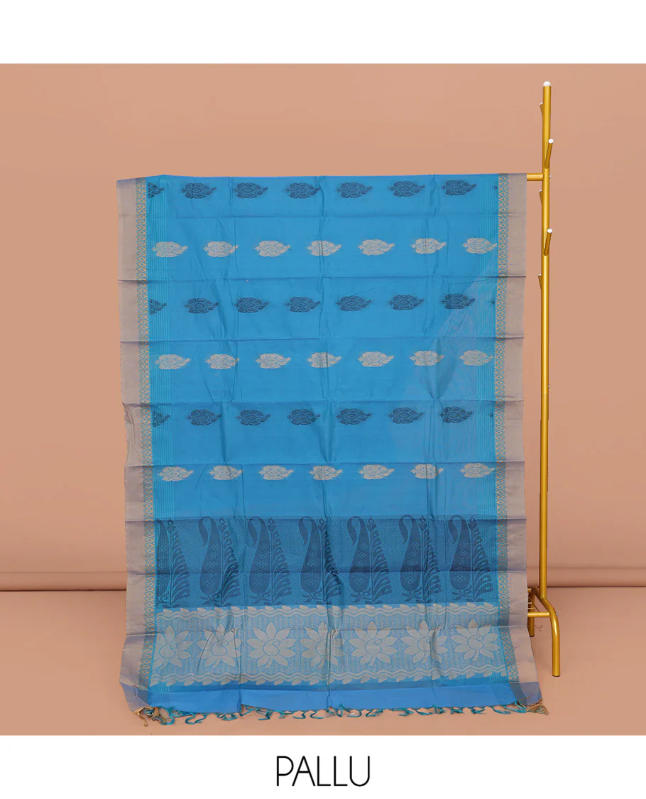 Blue Kanchi Cotton Saree, Accentuated with Buttas All Over Its Body, Complemented by a Contrast Border, Pallu of Floral and Paisley Designs, and Paired with a Matching Blouse - Image 2