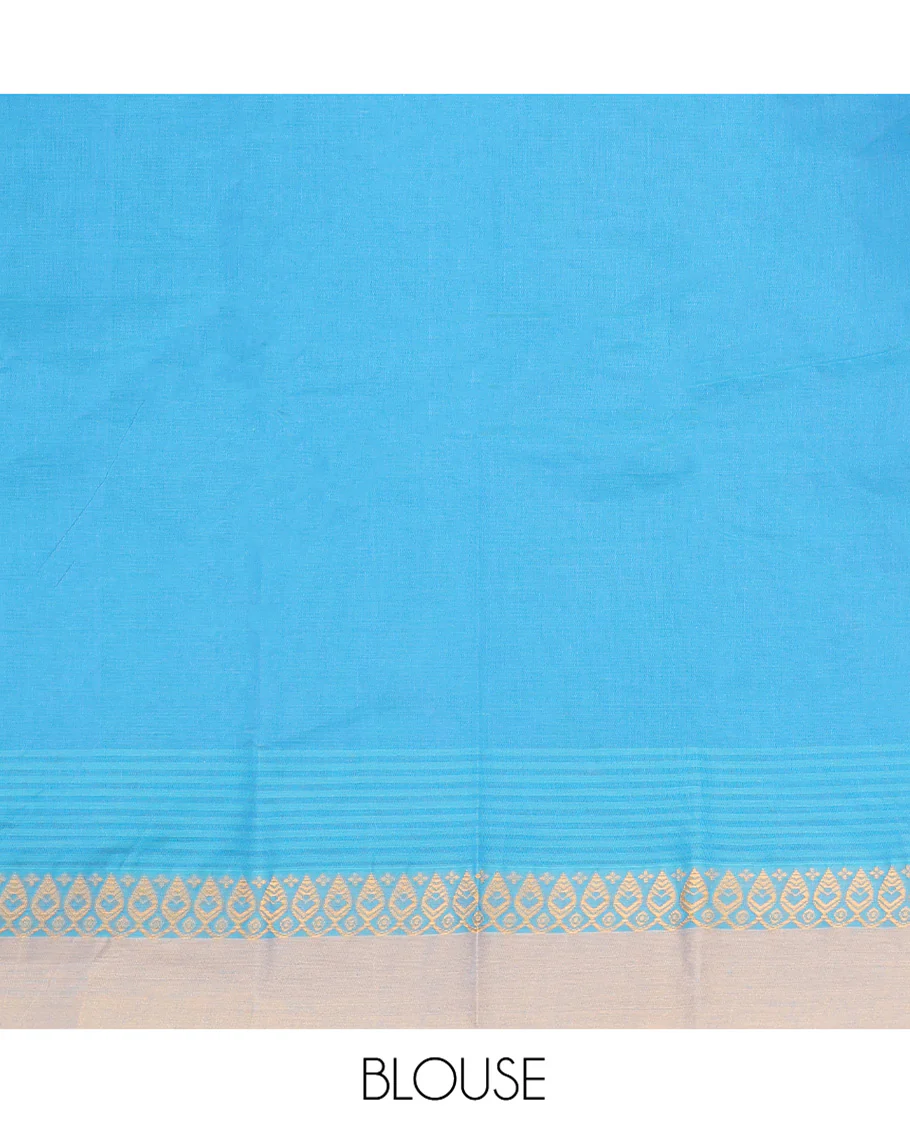 Blue Kanchi Cotton Saree, Accentuated with Buttas All Over Its Body, Complemented by a Contrast Border, Pallu of Floral and Paisley Designs, and Paired with a Matching Blouse - Image 3