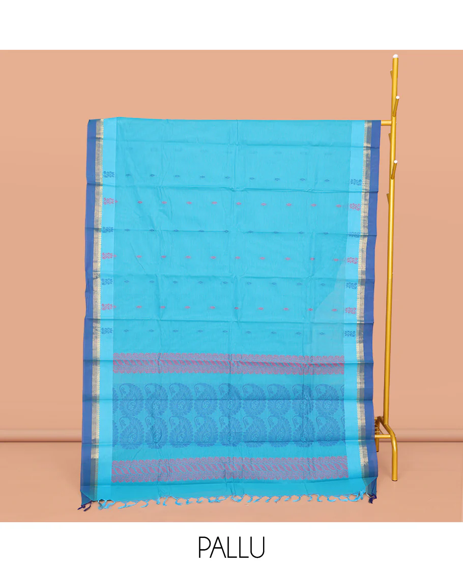 Blue Kanchi Cotton Saree, Accentuated with Buttas All Over Its Body, Complemented by a Contrast Border, Pallu of Paisley Designs, and Paired with a Matching Blouse - Image 2