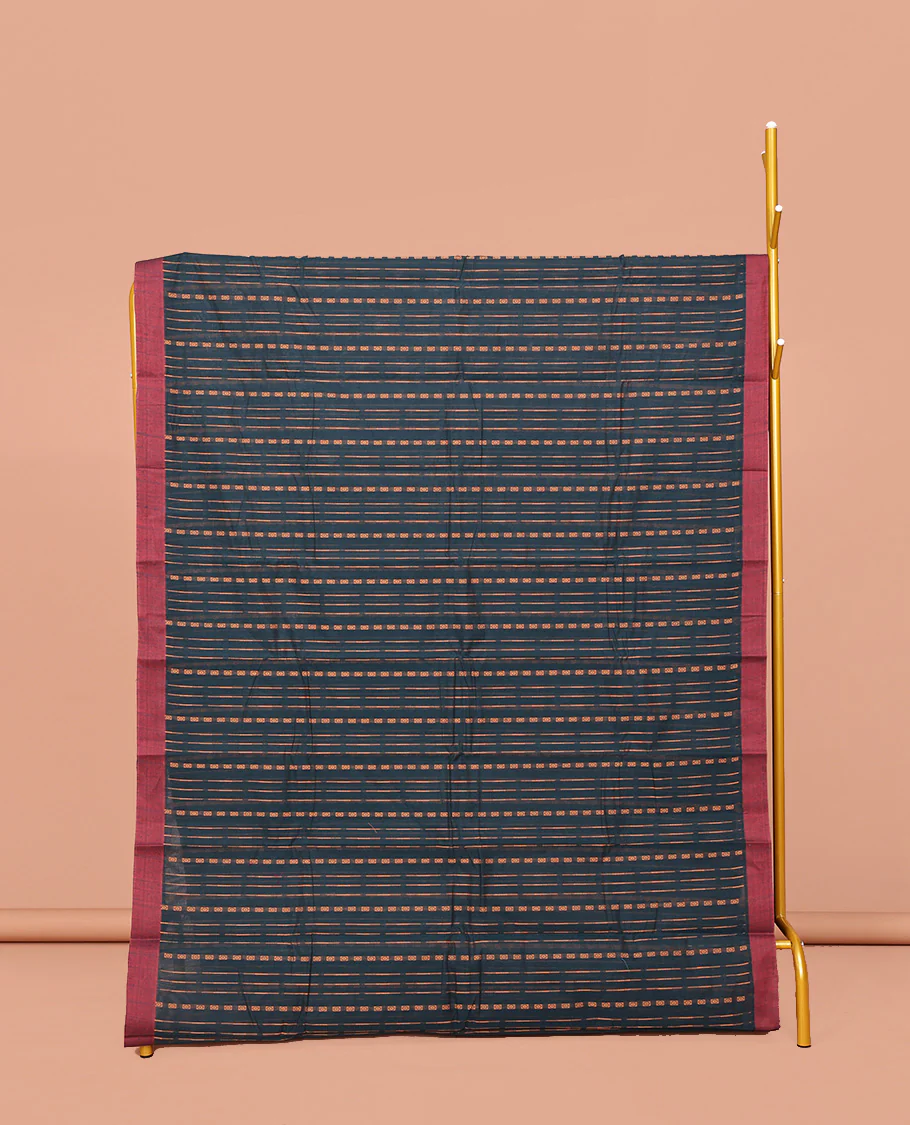 Blue Kanchi Cotton Saree, Accentuated With Stripes and Square Buttas All Over Its Body, Complemented by Contrast Border, Pallu of Paisleys, and Paired with a Matching Blouse